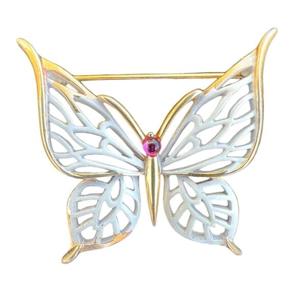 Crown Trifari Vintage Metal Butterfly Brooch With Red Gem White Gold Trim - Picture 1 of 7
